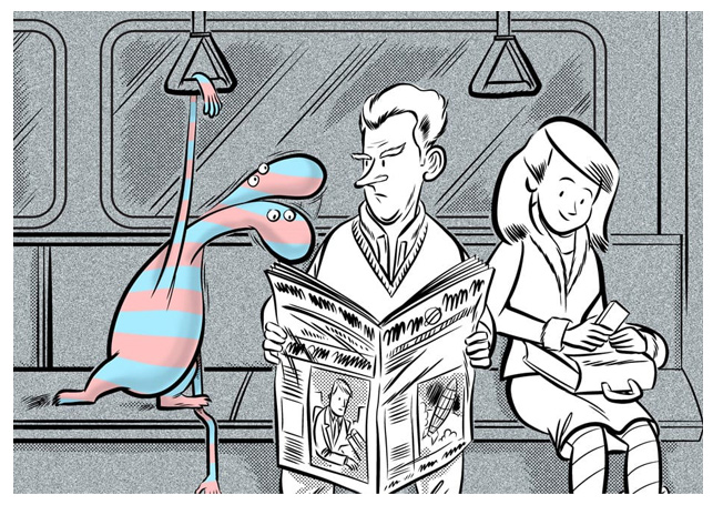 Cartoon striped creature reading subway newspaper with commuters