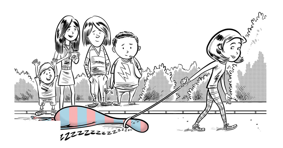 Floppy creature being pulled on leash during walk with family