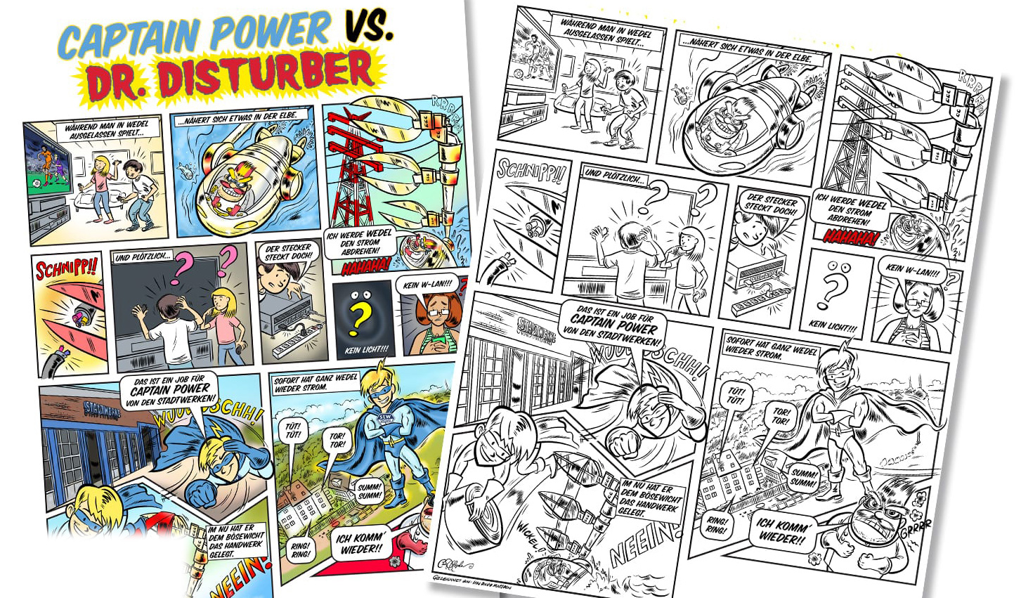 Comic book page with superheroes and villain, educational energy theme