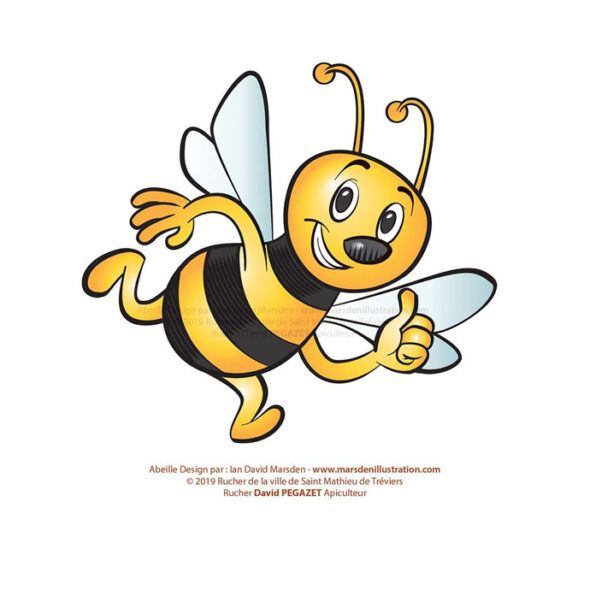 Cartoon bee with yellow-black stripes, smiling, wings, and giving a thumbs up.