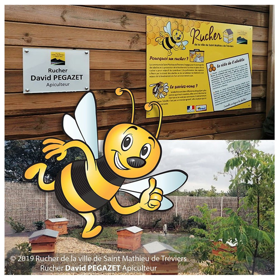 Beekeeping site sign "Rucher David Pegazet" with bee illustration and outdoor beehives.