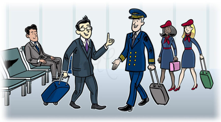 Business traveler greets pilot at airport as attendants and passengers wait nearby.