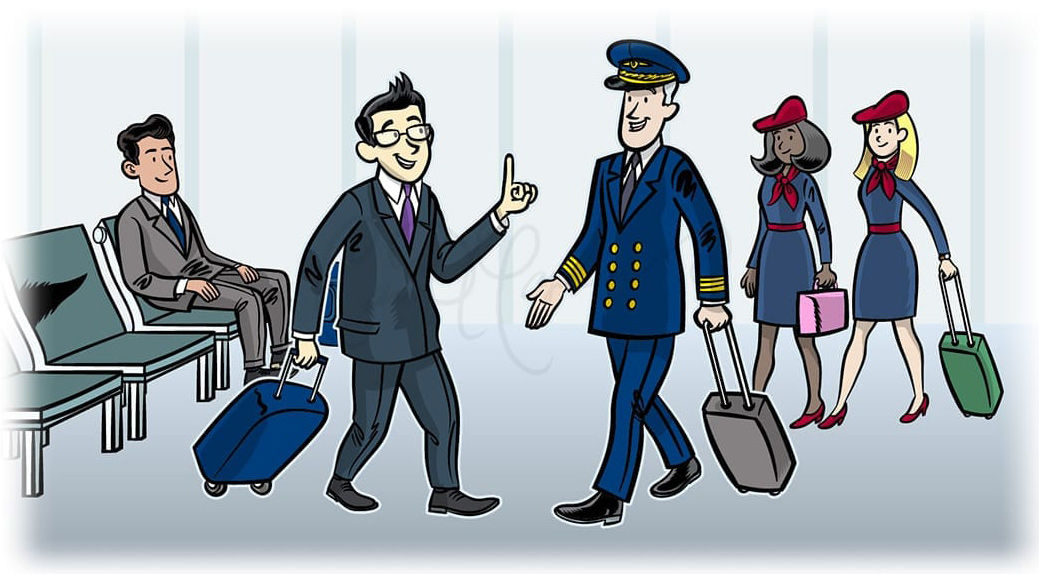 Business traveler talks with pilot, flight attendants nearby, man on bench in terminal.