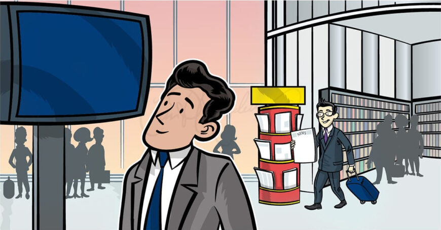 Cartoon of a man in a suit near a large screen, a businessman with a newspaper, and a news rack in a busy building lobby.