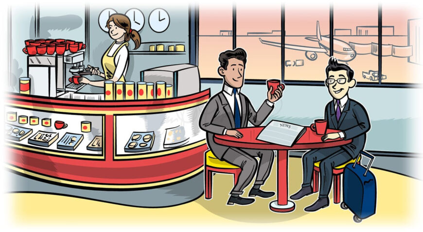 Two men in suits at a cafe near an airport window, chatting with drinks, luggage nearby.