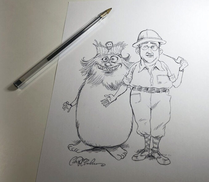 Pen drawing of a small man beside a towering Amazonian jungle woman with confident stance.