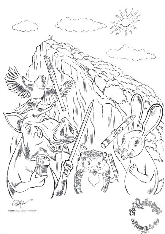Line drawing of forest animals using crayons in a whimsical outdoor coloring page illustration