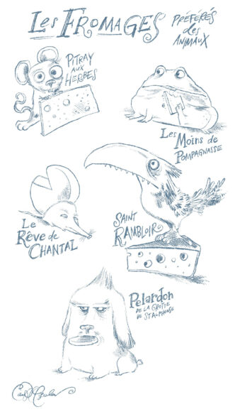 Ink doodles of animals labeled with French cheese names like Reblochon and Reine du Plateau.