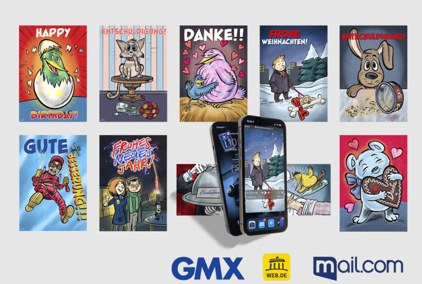 Collage of greeting cards with cartoons, smartphones, and GMX, WEB.DE, mail.com logos.