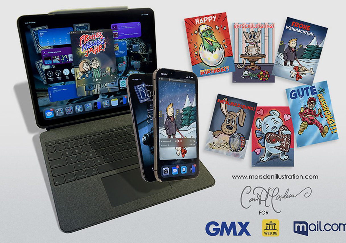 Tablet and smartphones displaying weather app, surrounded by illustrated greeting cards.