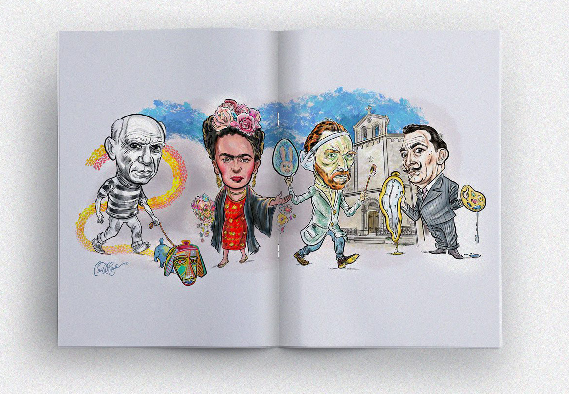 Open magazine showing illustrated double-page spread of famous artists in humorous Provençal setting