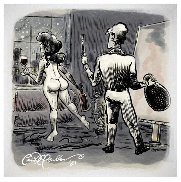 Pen and marker sketch of an artist and a curvy muse in a loft with French windows and morning light.