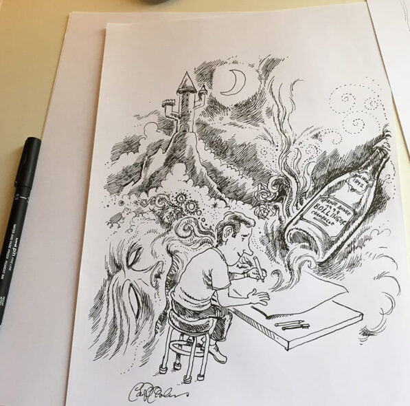 Black-and-white sketch of a person drawing as imaginative elements pour from their pen across the paper.