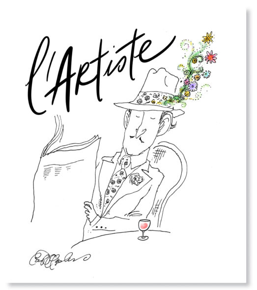 Stylish pen drawing of a newspaper-reading man with blooming flowers sprouting from his hat brim.