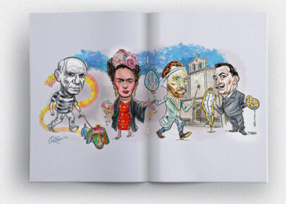 Four caricatured artists engaged in signature styles with abstract background elements.