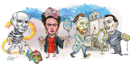 Colorful caricature of four artists with symbolic objects, set by a building with a cross.