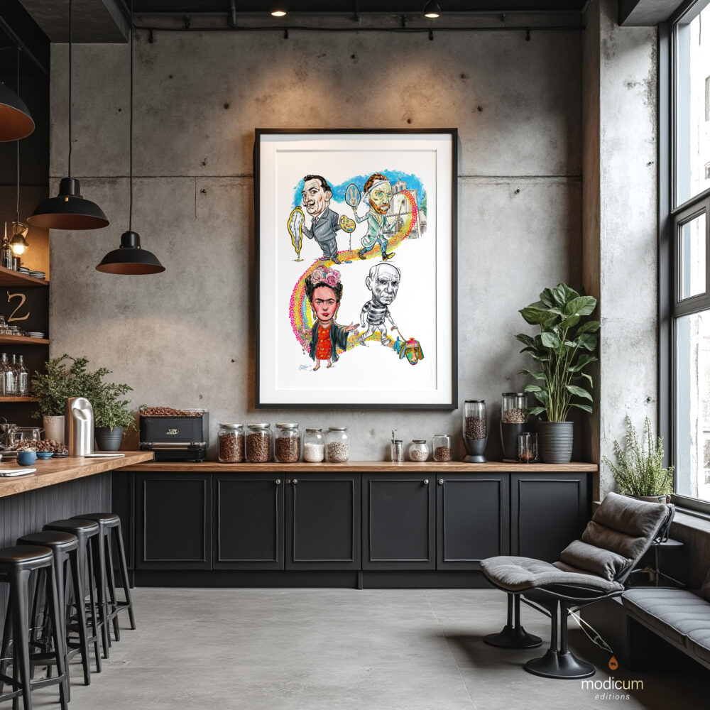 Cartoon illustration of famous artists in a Provençal landscape – Frida Kahlo, Picasso, Van Gogh, Dalí