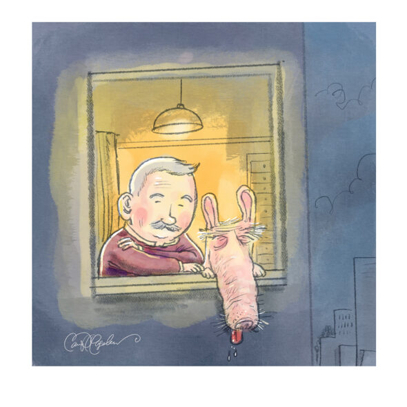 Elderly man leaning from window smiling at a pink donkey head with drool through window.