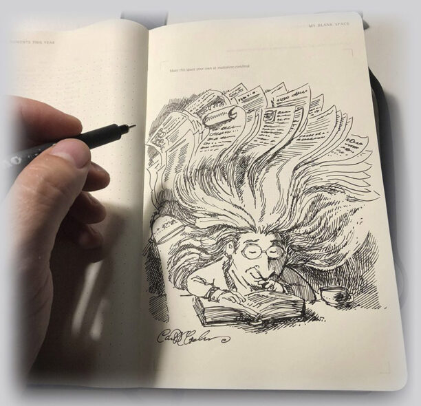 Pen sketch of a person reading while their hair becomes a swirling storm of loose book pages.