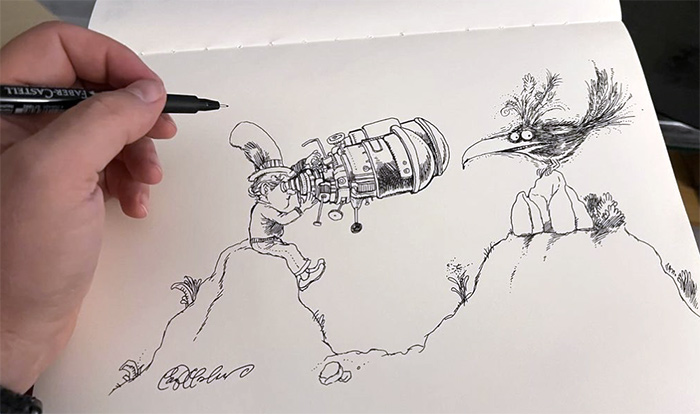 Humorous ink sketch of a man with binoculars staring at a bird who’s just as curious, perched atop a rock.