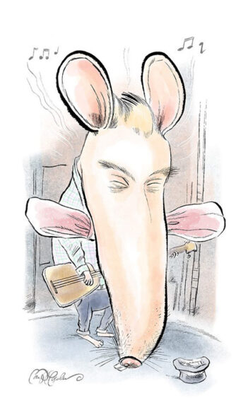 Sad long-nosed mouse leaning forward over drink