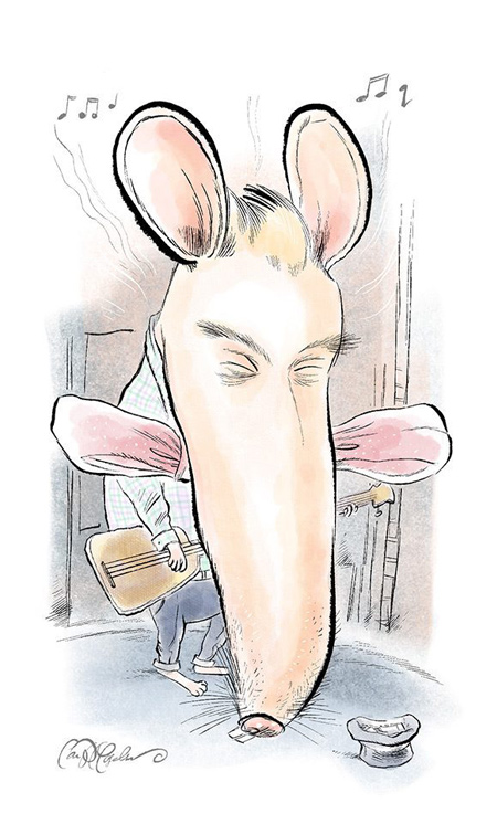 Sad long-nosed mouse leaning forward over drink