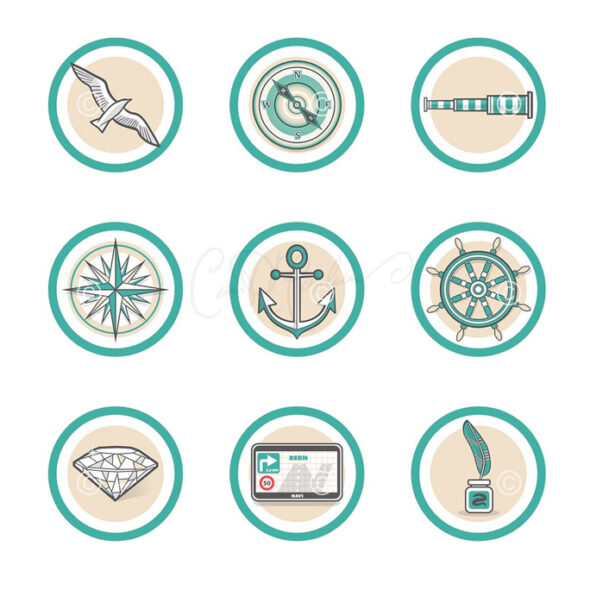 Nine nautical-themed icons in a teal-bordered grid include compass, anchor, and ship's wheel.
