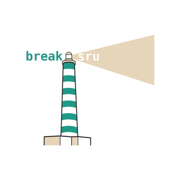 Lighthouse with green and white stripes, light beam displaying "breaksru".