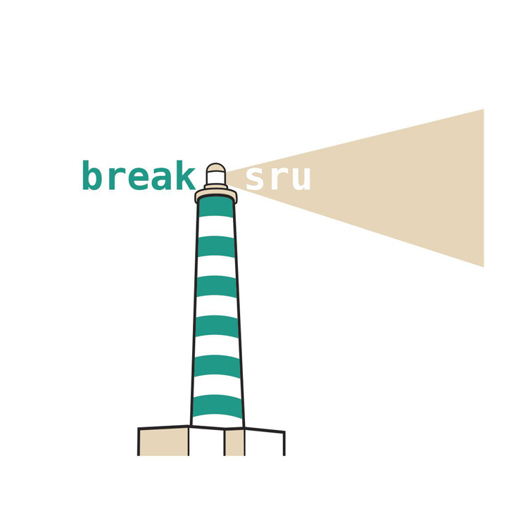 Lighthouse with green and white stripes, light beam displaying "breaksru".