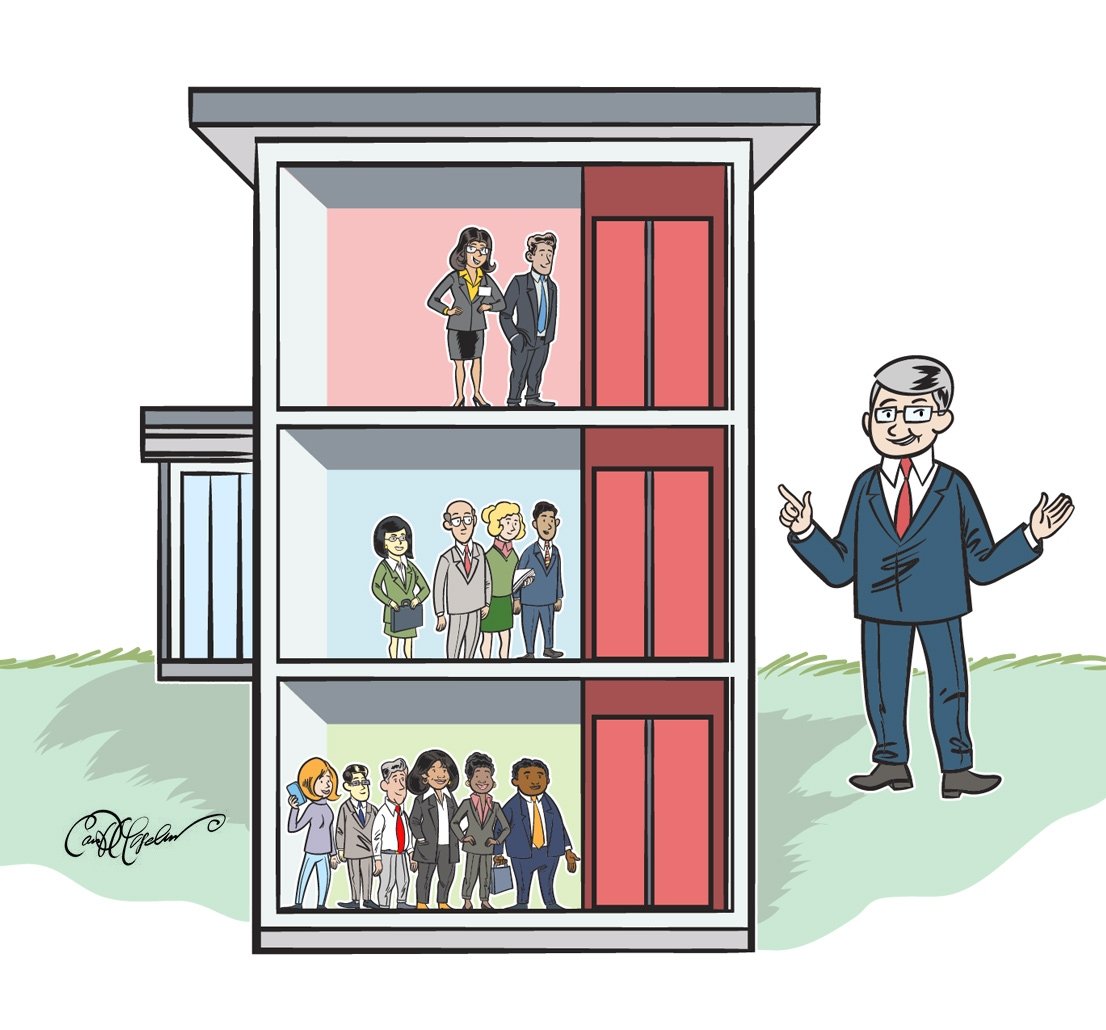 Cartoon office building with diverse people on three floors and a person gesturing outside.