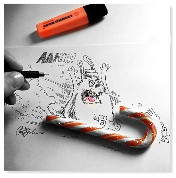 Black-and-white drawing of a sled crashing, with an actual candy cane placed on top for surreal impact.