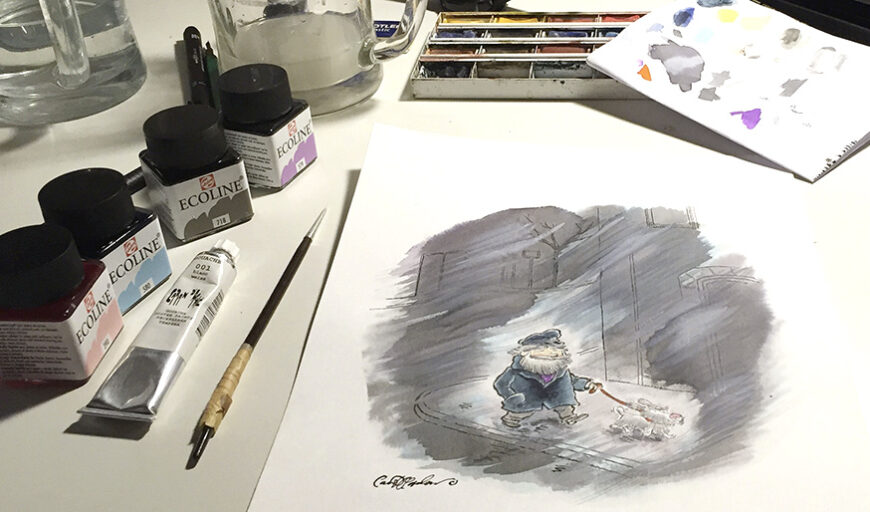 Mixed media sketch of a sea captain and his faithful dog, trudging stoically through a cinematic storm.