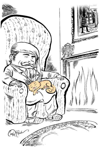 Cozy pen drawing of a bearded figure napping with a cat by a fireplace, blanket and all.
