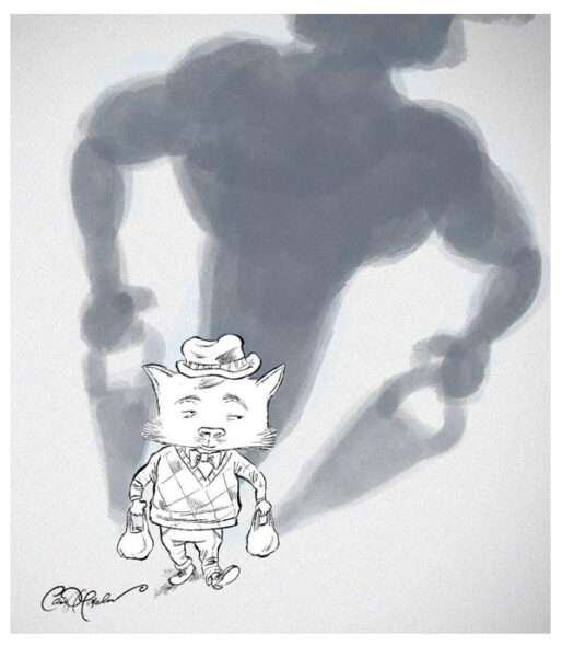 Small cat with shopping bags casting giant muscular silhouette