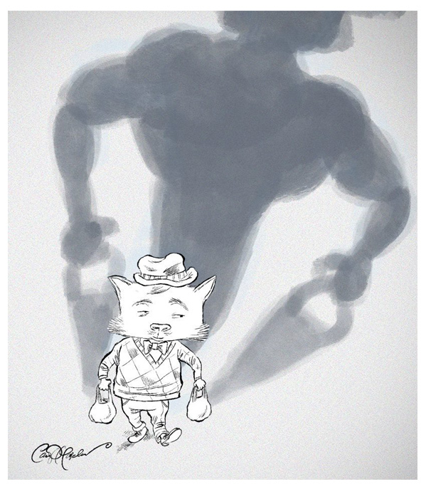 Small cat with shopping bags casting giant muscular silhouette