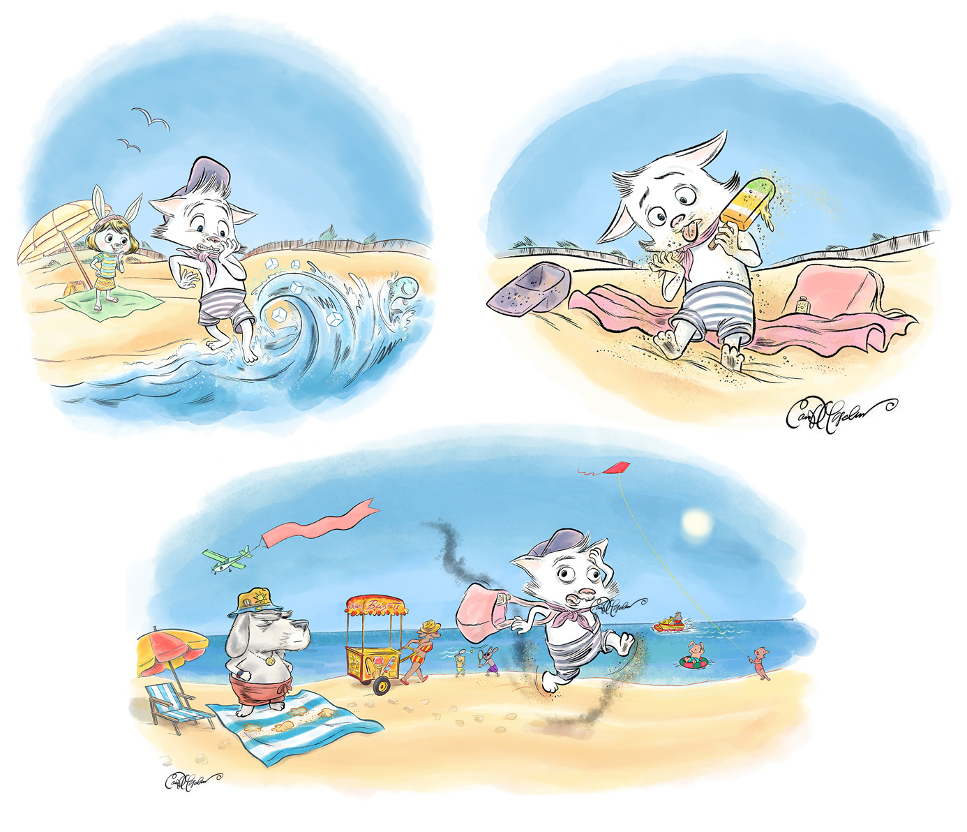Three scenes of Scaredy Cat reacting to beach weather in funny ways, from No Way! by Ian David Marsden