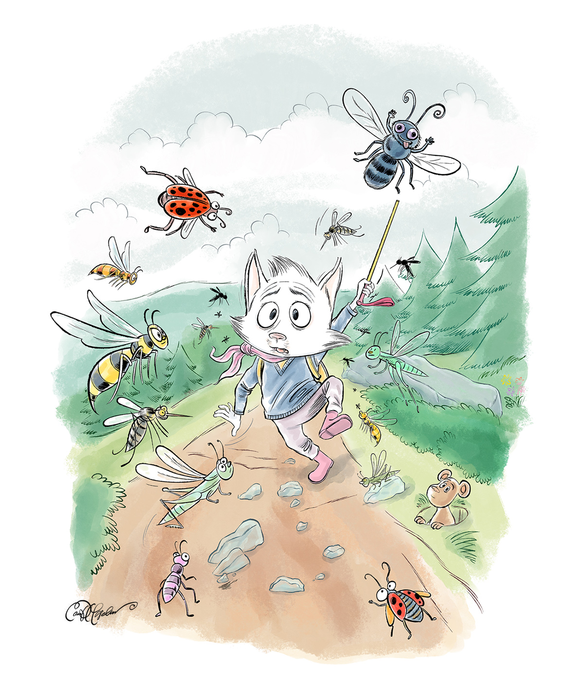 Illustration of Scaredy Cat startled by bugs on a forest hike, from No Way! by Ian David Marsden