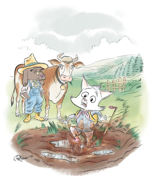 Cat stuck in the mud beside unimpressed cow and farmer, from No Way! by Ian David Marsden