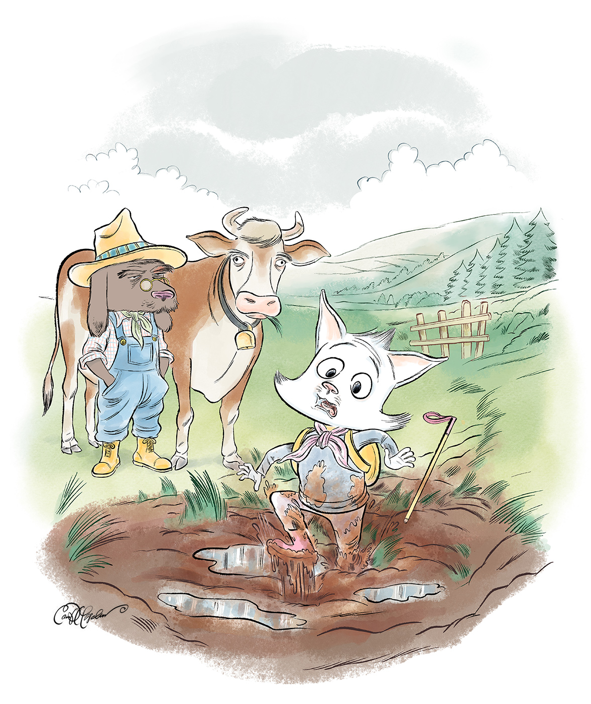 Cat stuck in the mud beside unimpressed cow and farmer, from No Way! by Ian David Marsden