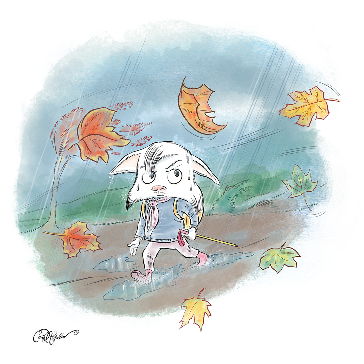 Scaredy Cat walking through wind and rain with falling autumn leaves, from No Way! by Ian David Marsden