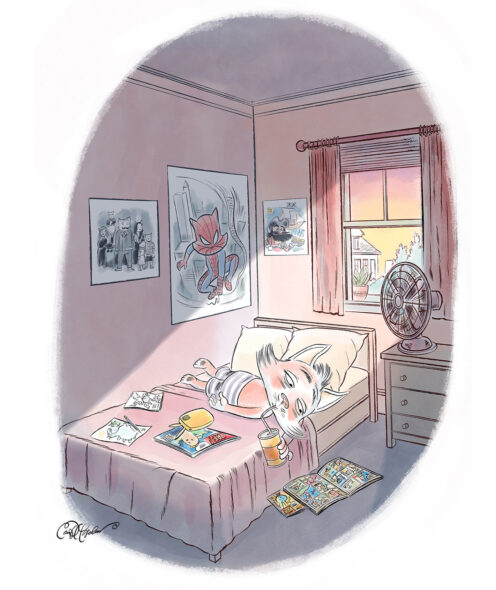 Too much sun? Time to cool down! This poor kitty is beating the heat with a cold drink, a good comic, and a refreshing fan breeze. Illustrated by Ian David Marsden.