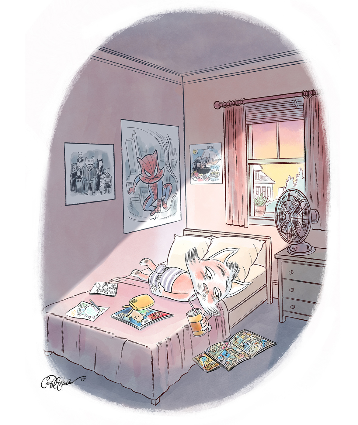 Too much sun? Time to cool down! This poor kitty is beating the heat with a cold drink, a good comic, and a refreshing fan breeze. Illustrated by Ian David Marsden.