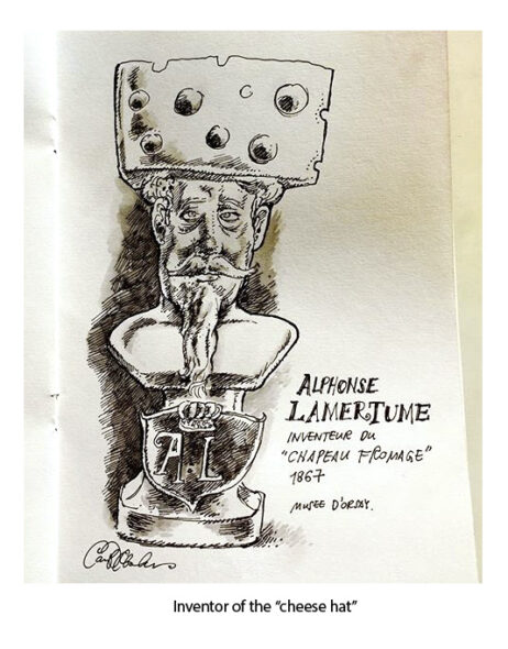 Portrait-style drawing of a fictional French inventor wearing a wedge of cheese as headgear, surrounded by eccentric notes.