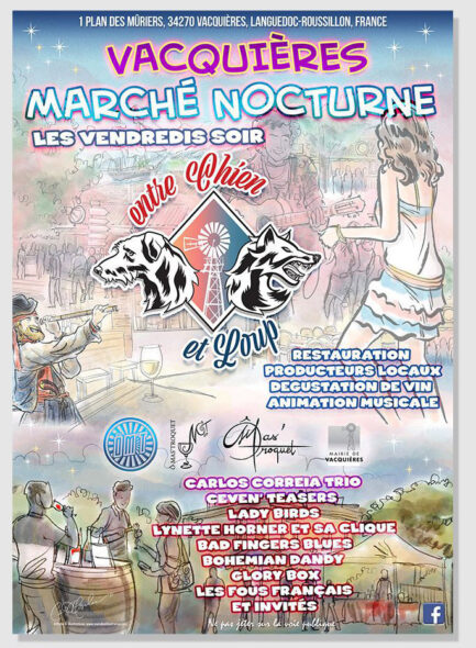 Illustrated event poster for Entre Chien et Loup market near Montpellier