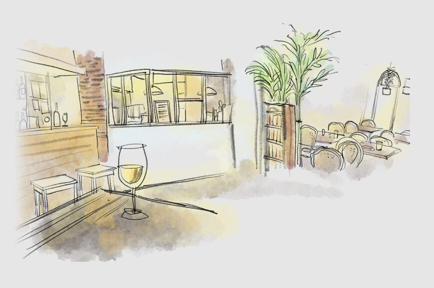 Texte alternatif Texte alternatif Illustration dessinée à la main d’un intérieur de restaurant avec comptoir, tables, plantes et verre de vin blanc au premier plan.