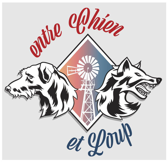 Emblem with "entre chien et loup," dog and wolf heads, windmill, gradient background.