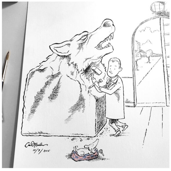 Humorous drawing of a sculptor carving a heroic stone wolf version of a puppy while the real pup looks on