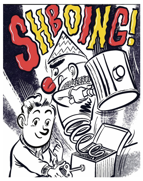 Colorful digital doodle of a surprised clown emerging from a box with hammer raised, cartoon chaos in motion.