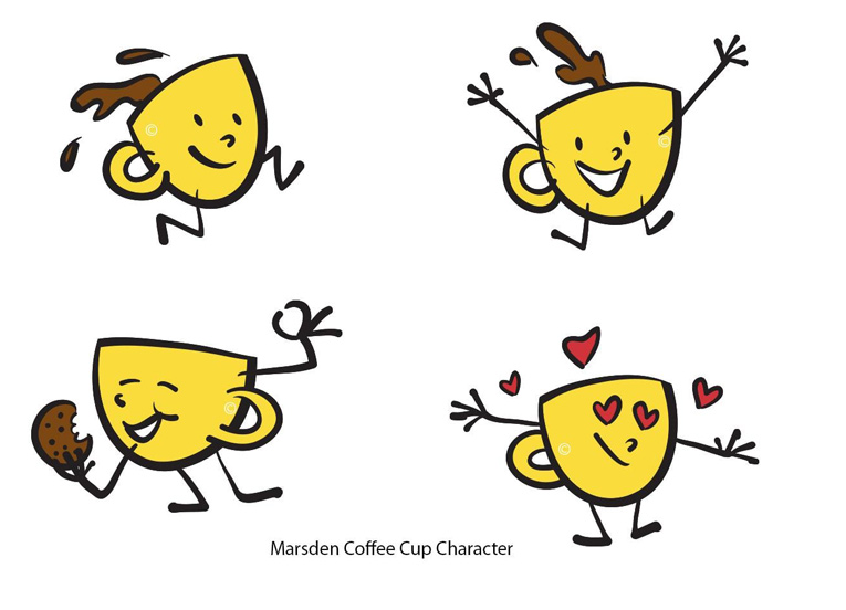 Cartoon yellow coffee cup character showing various emotions with splashes and hearts.