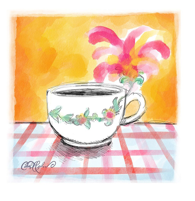 Watercolor teacup on checkered tablecloth with vibrant flowers